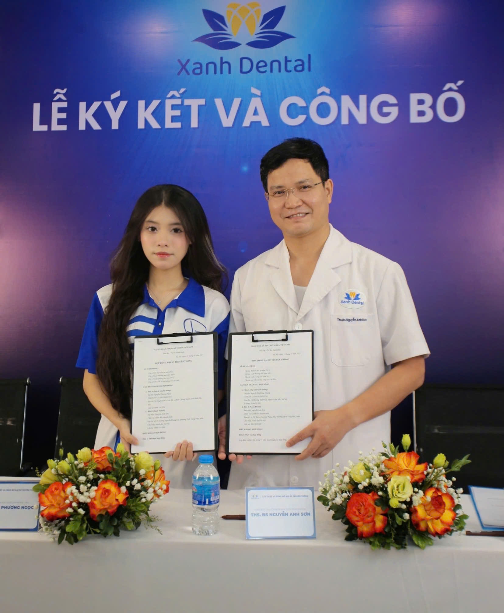 Phương Ngọc trong lễ ký kết đại sứ truyền thông cùng Xanh Dental